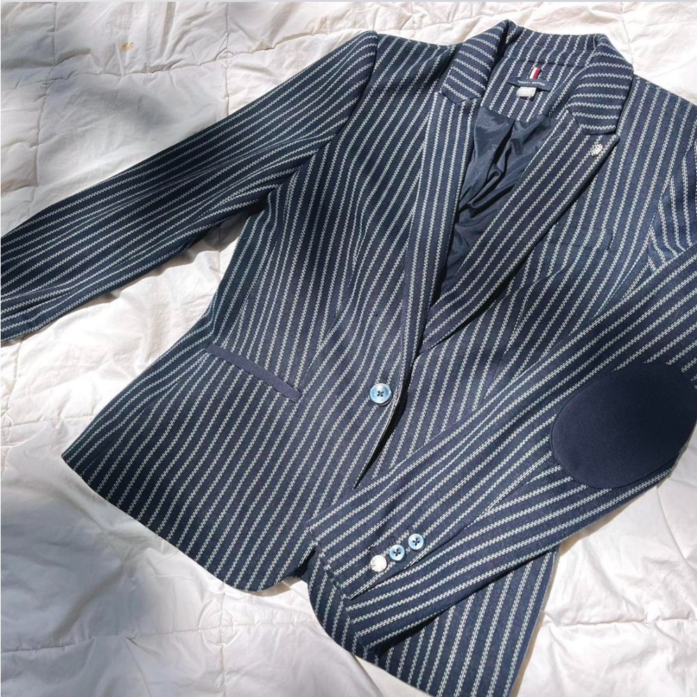 Navy Striped Blazer with Elbow Patches